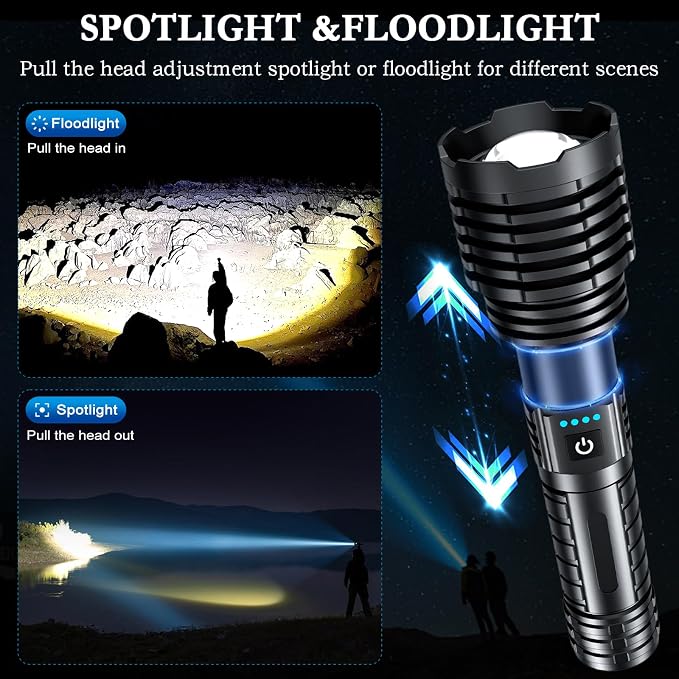 baibian Rechargeable Flashlights High Lumens, 100,000 Lumens Super Bright Flashlight, LED Handheld Waterproof Tactical Flashlights-Zoomable 5 Modes-31H Runtime-Holster for Emergency Camping