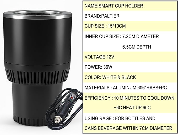Auto Car Cup Holder Heating Cooling Drinks Smart Cooler Warmer Heater for Coffee Beverage Milk (Black with Silver)