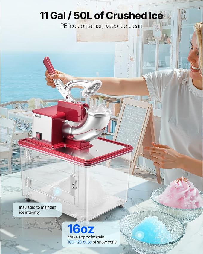 VEVOR Commercial Ice Crusher 661LBS/H, 350W Electric Snow Cone Machine with 4 Blades, 2000RPM Stainless Steel Shaved Ice Machine with 11 Gal Crushed-Ice Box, for Family Restaurants Bars, Red
