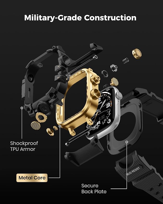 amBand Rugged Case with Band for Apple Watch 46mm, Compatible with Apple Watch (iWatch) Series 10 11, Military Grade Shockproof Bumper Cover, Tactical Band for Men, Black Gold