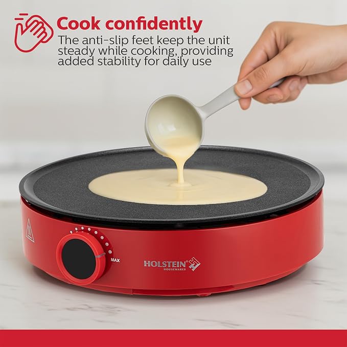 Holstein Housewares 12” Crepe Maker - Adjustable Temperature Control - Nonstick Griddle for Versatile Cooking of Crepes, Quesadillas, Pancakes, Eggs, Bacon & More - Easy to Clean - Indicator Lights