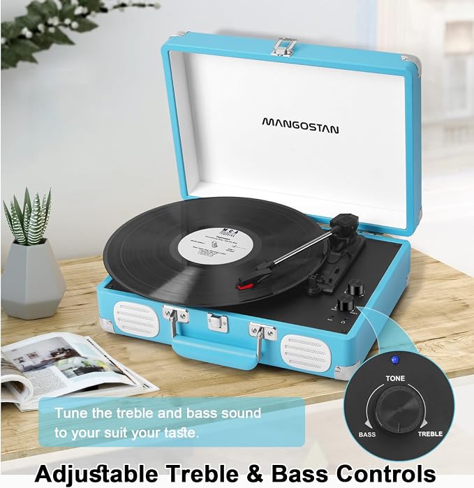 Record Player 3 Speed Bluetooth Portable Suitcase, Vinyl Phonograph with Built-in Bass & Speakers, Belt-Driven LP Player Support AUX-in RCA Line Out Headphone Jack, Blue
