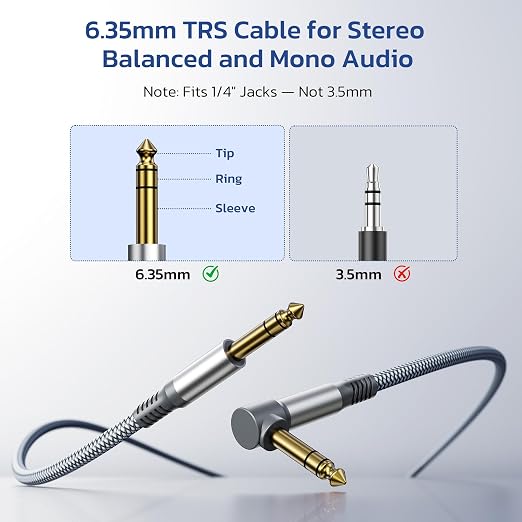 RUXELY 6.35mm TRS Instrument Cable 3.3FT 2-Pack,Right Angle 1/4 Inch Male Jack Stereo Audio Cord,6.35 Balanced Line Lead for Electric Guitar,Bass,Keyboard,Mixer,Amplifier/AMP,Speaker,Equalizer
