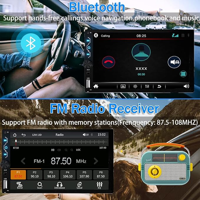 Double Din Car Stereo with Wireless Carplay and Wireless Android Auto,7 Inch Full HD Touchscreen Car Stereo Receivers Support Mirror Link,Bluetooth, Backup Camera,Steering Wheel,FM/USB/AUX/Subwoofer