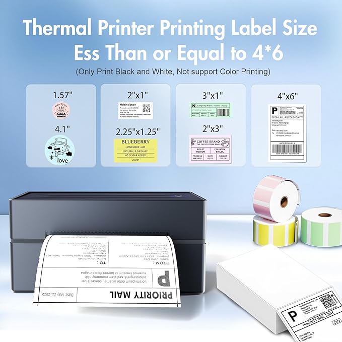 Bluetooth Thermal Shipping Label Printer (Black) + Thermal Direct Shipping Labels (Pack of 500 Fan-Fold Labels)