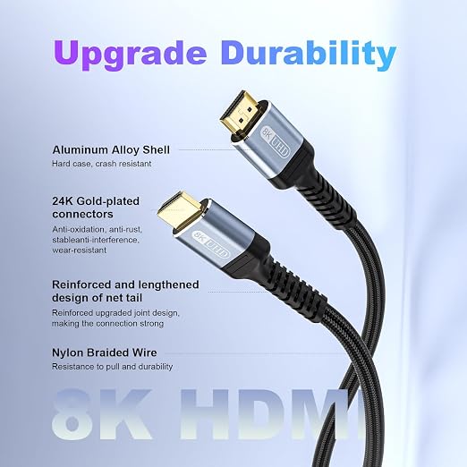 HDMI Cable 10 ft 8K 2.1 HDMI 48Gbps Ultra High Speed Stable HDMI Cord-8K@60Hz 4K@120Hz Braided Nylon Compatible for Monitor/TV/PS5 4 3/Laptop/Xbox Series X/Projector/Blu-ray Players