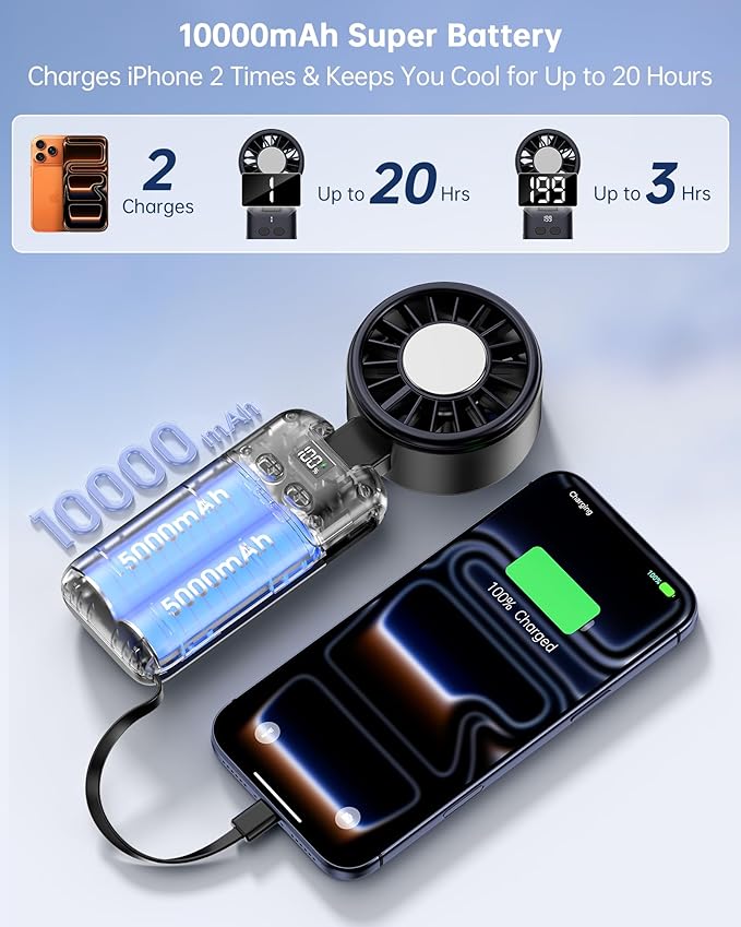 Portable Handheld Personal Fan with USB-C & iOS Cables 5V/2.4A Fast Charging for Cellphone/Tablet, 20H Cooling Time, Foldable Design with Phone Stand for Camping Travel Outdoor (2, Black+Pink)
