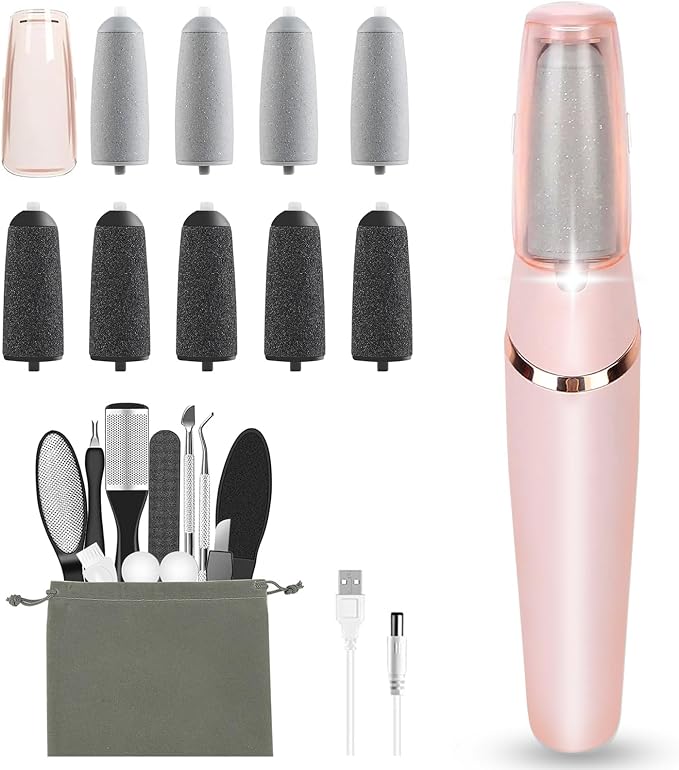 Haootadiy Electric Foot Callus Remover Pedicure Kits Rechargeable with12 in 1, Removes Dry Skin for Smoother Feet and 9 Pack Pedicures Replacement Heads