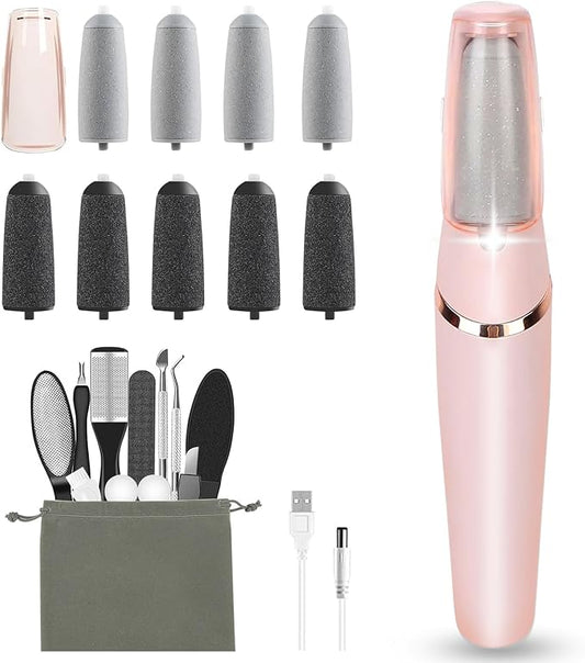 Haootadiy Electric Foot Callus Remover Pedicure Kits Rechargeable with12 in 1, Removes Dry Skin for Smoother Feet and 9 Pack Pedicures Replacement Heads