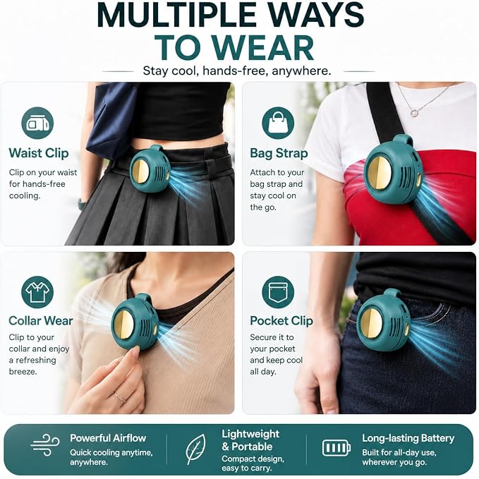Portable Silent Mini Bladeless Fan Clip On, Small Fan Clip on for Shirt & Waist, Adjustable 3-Speed Suspended Whirlwind Fans, For Outdoor & Travel & Office, Travel Accessories (2, green)