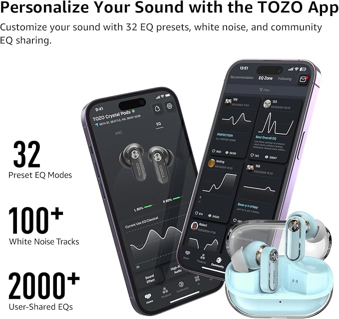 TOZO Crystal Pods Hybrid Active Noise Cancelling Wireless Earbuds, 10mm Drivers Deep Bass, 4 Mics Smart ENC AI Calls, Real-Time AI Translation, 32 EQ via App, Bluetooth 5.4, Crystal Design