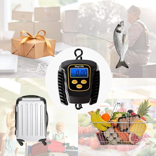 Fish Scale 110lbs/50kg Portable Hanging Fishing Weight Scale Digital Spring Balance Folding Handles Bag Weight Scale Waterproof Hanging Hook Scale with Back-lit LCD Display Fishing Gift for Men
