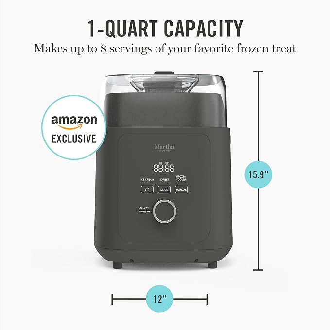 Martha Stewart 1 Quart Ice Cream Maker, Built-In Compressor, No Pre-Freezing Required, 3 Modes (Ice Cream, Sorbet, Frozen Yogurt), Automatic Mix-In Alert, Dishwasher-Safe Parts, Caviar Gray