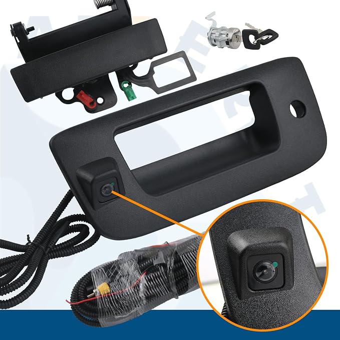 Backup Camera with Tailgate Handle & Bezel Trim & Lock Cylinder Compatible with 2007-2014 Chevrolet Chevy Silverado, GMC Sierra Truck 1500 2500 3500 Tailgate Parts