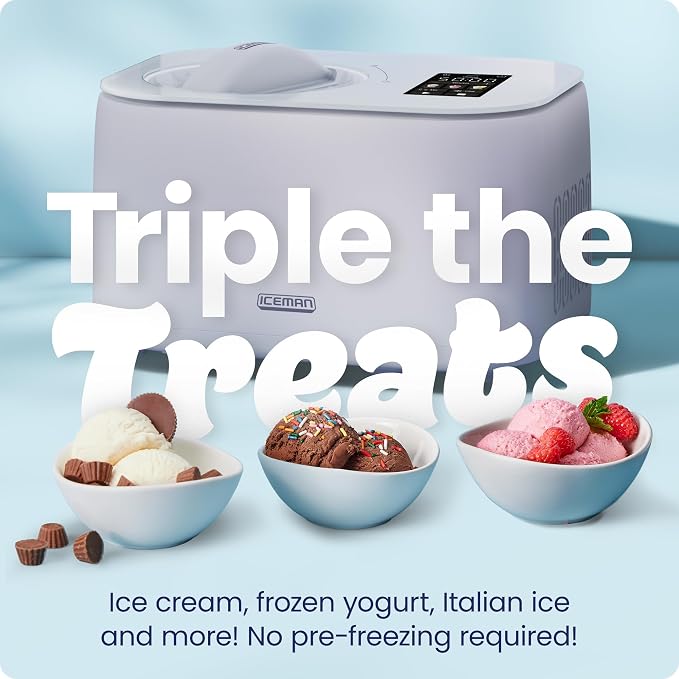 Iceman by Chefman Trio Ice Cream Maker | No Pre-Freezing with Built-In Compressor | for Ice Cream, Froyo, Sorbet, Sherbet, Italian Ice, Frozen Yogurt & More | (2) 20oz Containers & Lids