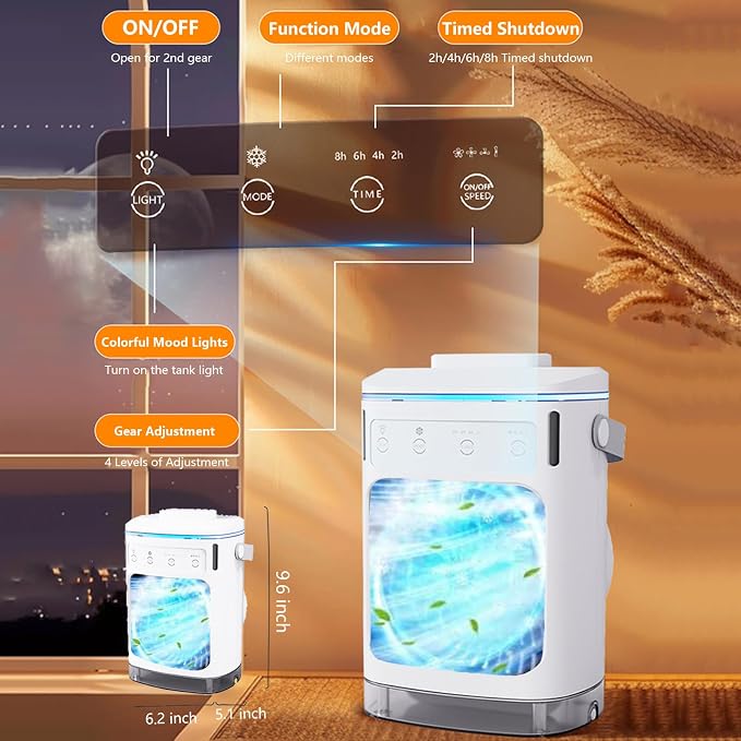Portable Air Conditioners, 2026 Upgraded Personal Air Conditioner with 2 Mist & 2 Icebox, 3 Speeds & 2-8H Timer, 7 Color Light & 900ml Large Tank, Evaporative Air Cooler AC Cold Fan for Bedroom Office