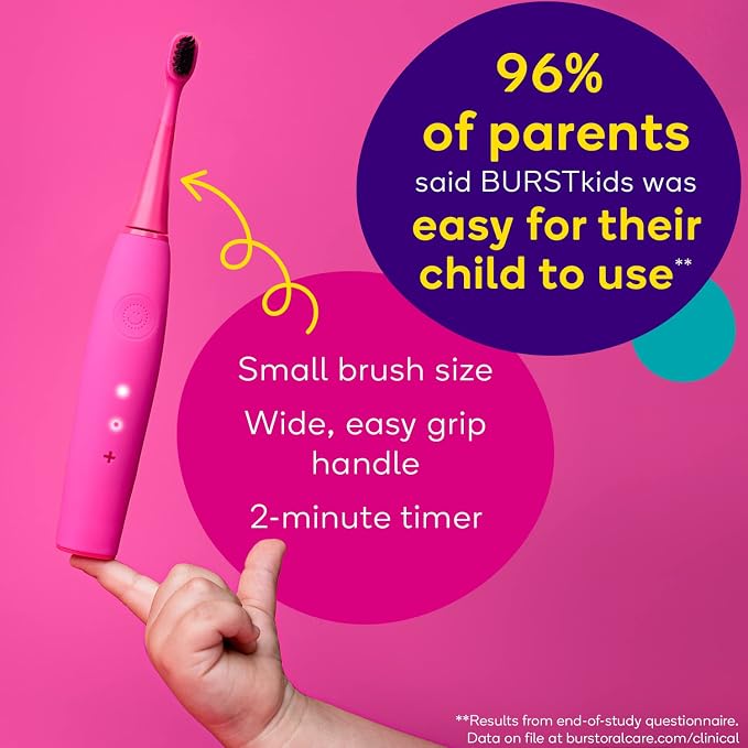 Burst Kids & Toddlers Electric Toothbrush (Pink) | Soft Bristles | Two Minute Timer | Rechargeable Battery | Easy-Grip Silicone Handle | 2 Modes for Healthy Smiles | Ages 3+