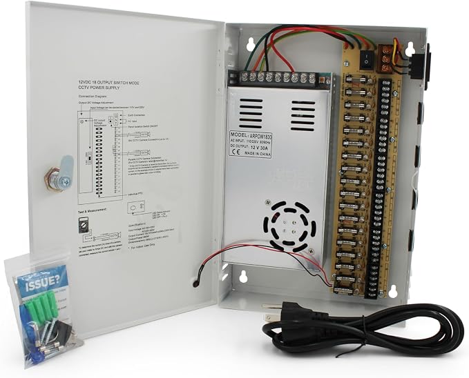 18 Channel CCTV Power Supply Box 12V 30A – High Capacity Power Distribution Box for Security Cameras, Lockable Metal Enclosure with Fused Outputs, Includes Extra fuses & Screw Driver
