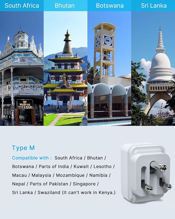 VINTAR Foldable Type M Adapter for South Africa - 2 Pack with AC Outlets & 3 USB Ports, Travel Essentials for US, Namibia, Nepal, Malaysia