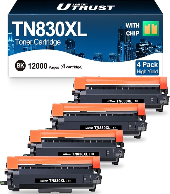 Compatible TN830XL Toner Cartridge Replacement for Brother TN830XL TN830 830XL Toner Work with Brother DCP-L2640DW HL-L2460DW HL-L2480DW HL-L2400D HL-L2405W MFC-L2820DW Printer 4 Pack TN830 High Yield
