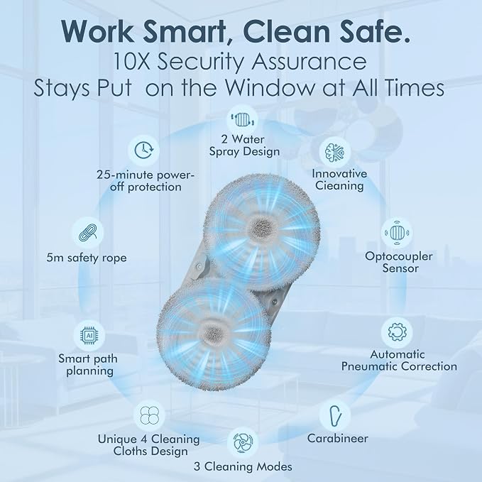 Window Cleaning Robot, 5000Pa Suction with Edge Detection | AI Smart Path Planning Dual Spray & UPS Anti-Drop with 10 Pads for Indoor/Outdoor High-Rise Windows