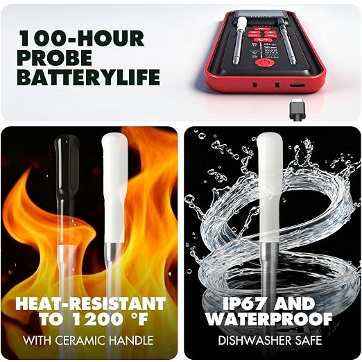 Meat Probe Thermometer Wireless with Standalone LED Display: 500FT Bluetooth, Dual Probe, No Phone or App Needed, Gift for Grillers, Smoker, BBQ Grill, Oven, Rotisserie, Air Fryer