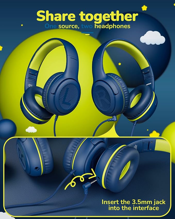 awatrue Kids Headphones for School Travel, 85/94dB Safe Volume Limit, 3.5mm Jack, HD Mic, Portable Wired Headphone with Shareport, Stereo Sound On-Ear Headphones for Toddler Kids Girls Boys Bluegreen