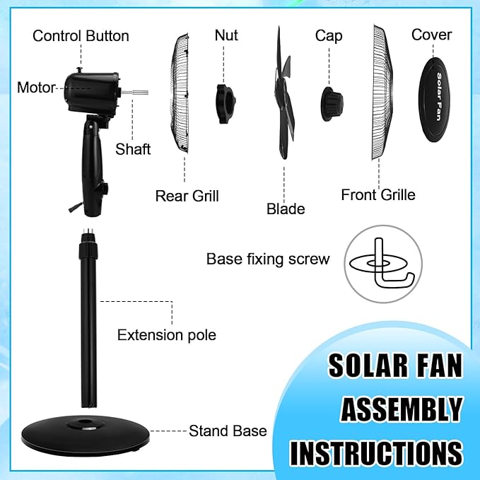 Blosssound 16 Inch Portable Solar Floor Fan Rechargeable Oscillating Standing Pedestal Fan with Solar Panel, 12000mah Battery, Two Charging Methods, 3 Speeds for Home Office Outdoor (Black)