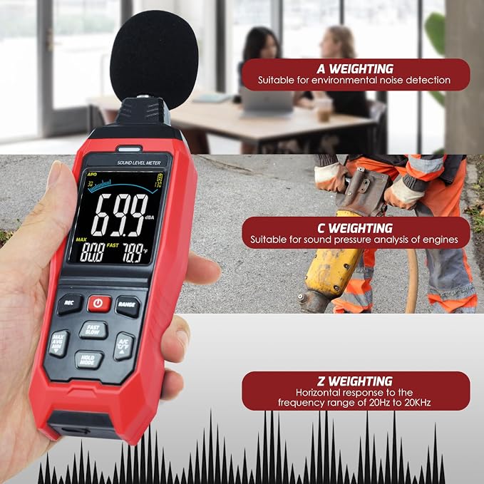 Sound Level Meter Data Logger Decibel Meter with Record Function, Portable Noise Meter 30~130dB Sound Meter A/C/Z Weighting Noise Testing with Audible Visual&Alarm, Temperatue, Analog Bar Indicator