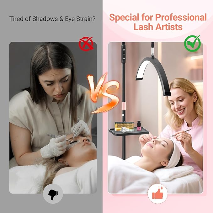 LIONVISON Half Moon Lash Light: 6500K LED Lamp Ring Light with Tray - 360° Flexible Gooseneck Durable Metal Stand - Salon Use for Lash Artists Eyelash Extensions (23In Black)