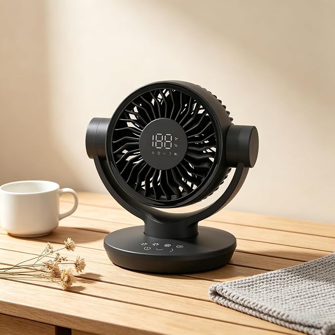 QLKUNLA Air Circulator Desk Fan with Remote, 6 Speeds 10dB Ultra Quiet, Rechargeable, Strong Airflow, LED Display, Table Fan for Bedroom Home Kitchen and Office
