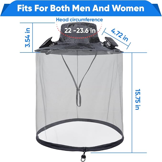Wide Brim Sun Hat with Solar Fan, Solar Powered Fan Hat with Mosquito Head Net, Men & Women Cooling Cap for Outdoor