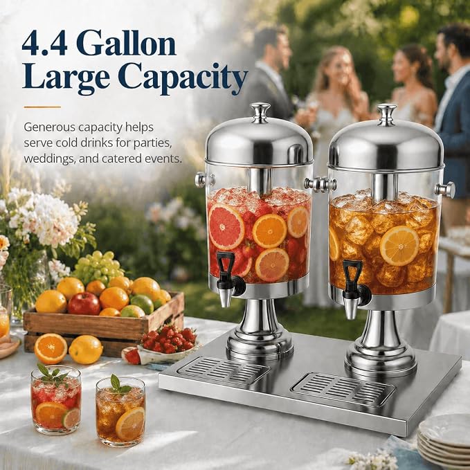 4.4 Gallon Beverage Dispenser with Ice Core | Stainless steel drink dispenser with stand and ice core for cold drinks, juice, lemonade, iced tea, parties, and events.