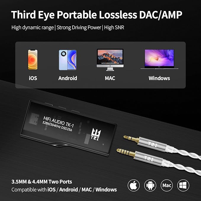 YINYOO TRI TK1 USB C DAC Headphone Amp Mini Amplifier, USB C to 3.5mm 4.4mm Amp with Dual CS43131 Decoder, Headphone Splitter Portable IEM DAC for KZ ZS10 PRO in Ear Monitor (Type-C Jack
