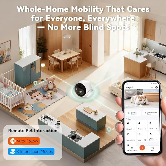 Smart 1080P Pet Camera Robot, Movable Indoor Dog & Cat Camera with Laser Toy, Auto Patrol & Recharge, Night Vision, 2-Way Talk, Home Security Cam for Baby & Elderly Care (Supports SD/Cloud Storage)