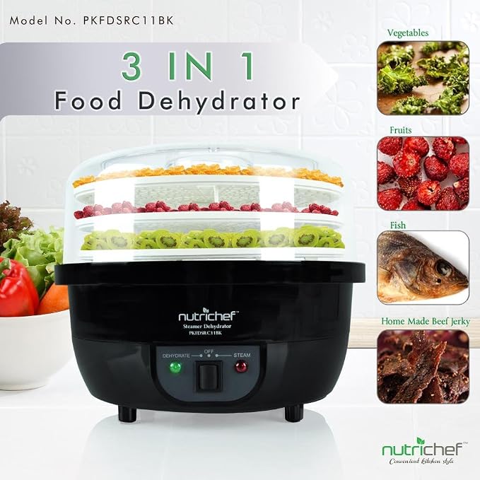 NutriChef Food Dehydrator Machine and Professional Electric Steamer, Cooker, Meat Preserver, Beef Jerky Maker, Fruit Dryer, Steams Rice and Vegetables with Stackable Trays in Black