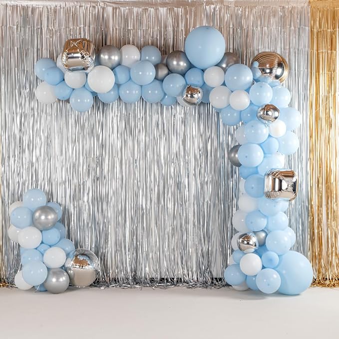 Restaurantware-Balloonify Balloon Garland Set, 1 Party Decoration Kit - 139 Balloons, With Chain, Blue, White, & Silver Latex Balloon Arch Kit, Includes Glue Dots