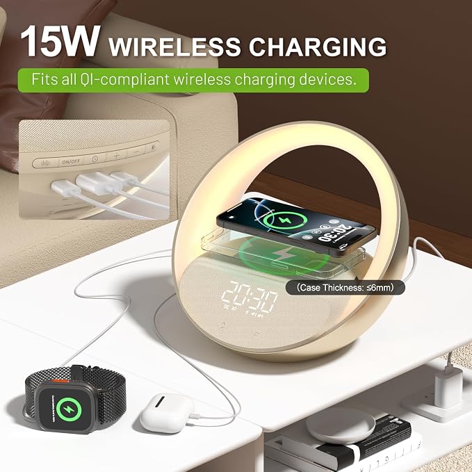 Bluetooth Speaker, 15W Fast Wireless Charging for Bedroom, Adjustable LED Night Light, 10W Portable Wireless Audio, Bluetooth 5.3 Speakers Wireless for iPhone, 2400mAh