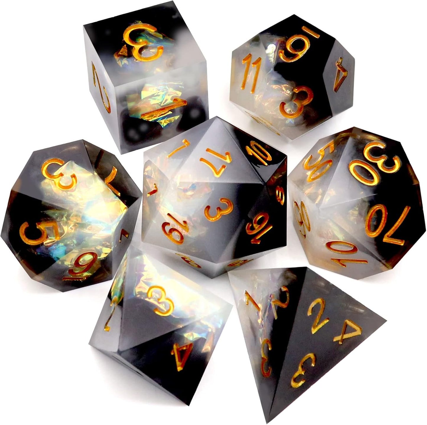 Haxtec Sharp Edge Dice Set DND Dice Black and White Resin Dice Iridecent Mylar Galaxy D&D Dice for RPG Role Playing Compatible with Dungeons and Dragons Gift