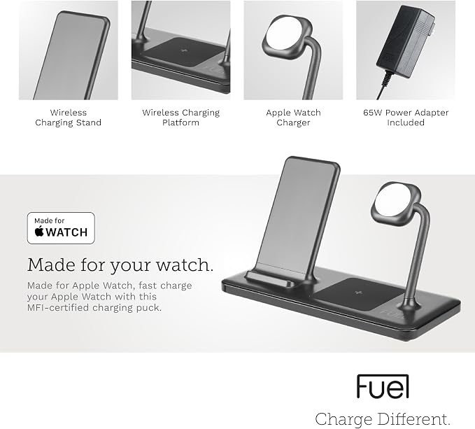 FUEL 4in1 Fast Wireless Charging Station for Multiple Devices -Portable iPhone Charger w/ Adapter -3 Charging Pads 1 USB-C Port for iPhone 17 Pro Max/16/15 Apple Watch 11/10(Charger Included) AirPods
