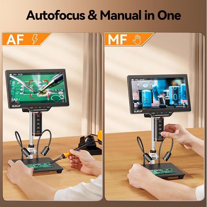 Elikliv Autofocus Digital Microscope EM3K-AF Max: 3K Coin Microscopes with 10.1" IPS Screen, HDMI Soldering Microscope for Electronics Repair, Watchmaking Magnifier, HDMI/USB Output, 10" Stand, 16GB