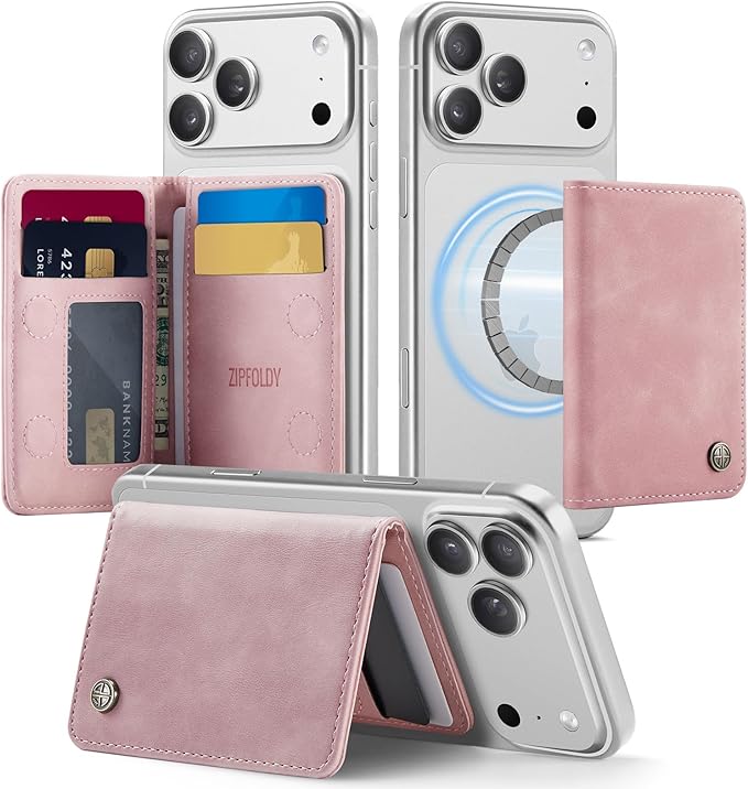 Slim PU Leather RFID Magnetic Wallet for Men and Women, Minimalist Magnet Card Holder Phone Wallet Compatible with Magsafe for Apple iPhone 17 16 15 14 13 12 Series, Retro Pink