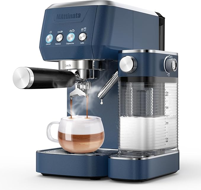 MAttinata Cappuccino Machine, Coffee Maker with Automatic Milk Frother | CM1632L, Blue, 20 Bar Espresso Machine, Adjust Milk Foam for Latte Art, Italian Pump, Compact for Home, Stainless Steel