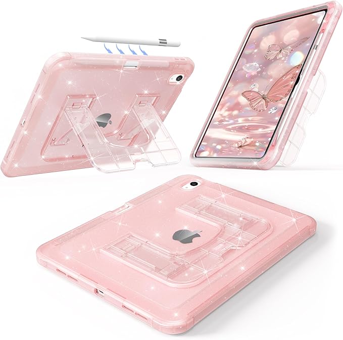 CCMAO Case for iPad (A16) 11th 11" 2025, iPad 10th Generation 2022 with Pencil Holder & Kickstand, Shockproof Protective Slim Thin iPad Case with Glitter Back Cover, Pink Glitter