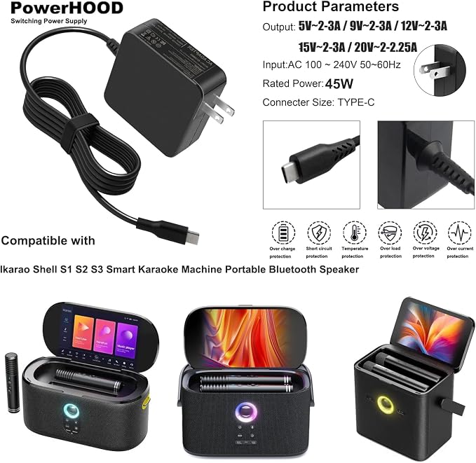 45W PD Charger for Ikarao Shell S1 S2 S3 S3Pro Smart Karaoke Machine | Portable Bluetooth Speaker 5-20V 1-2.25A Switching USB C Cable PSU Mains