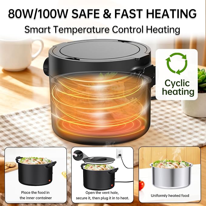 Electric Lunch Box Food Warmer, 34-Ounce Leakproof Portable Heated Lunch Container for Car, Truck, Office,Camping, 100W 12V/24V/110V/220V Bento Box Heater Gift For Women Men (Black)