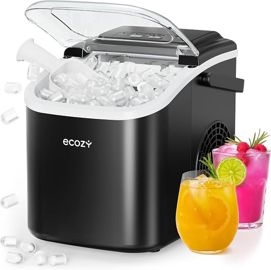 ecozy Portable Ice Makers Countertop, 8 Cubes in 6 Mins, 26lbs/Day, Bullet Ice Maker Machine with 2 Ice Sizes, Self-Cleaning Ice Maker with Carry Handle for Home/Kitchen/Party/Travel - 2026 Version