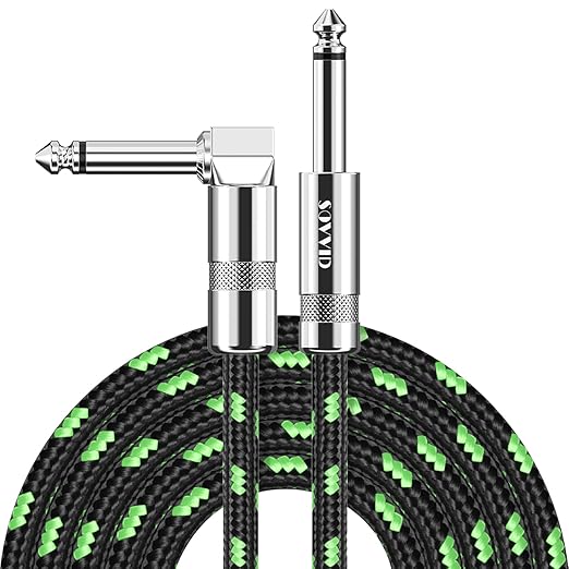 15FT Instrument Cable - Electric Guitar & Bass Cable with Right Angle 1/4 Inch Connector, Black & Green