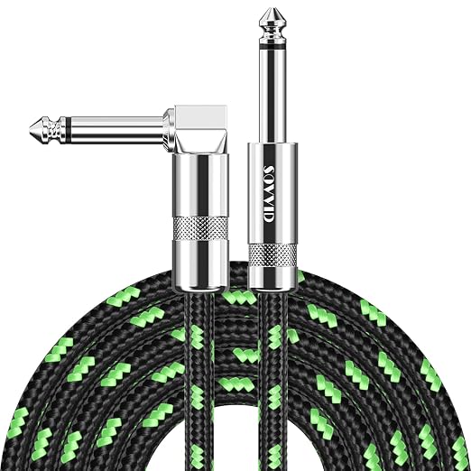10FT Instrument Cable - Electric Guitar & Bass Guitar Cable with Right Angle 1/4 Inch Connector, Black & Green