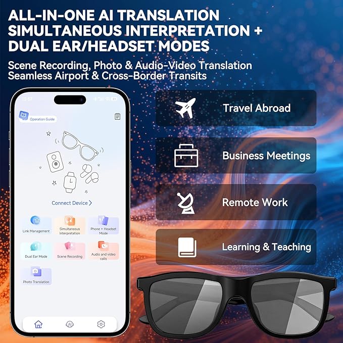 2026 Smart Audio Glasses with Electrochromic Lenses, Adjustable Tint Sunglasses for Driving,Travel,Daily Use,Open Ear Bluetooth 5.4, AI Translation, Premium Tech Gadget Gift for Men Women